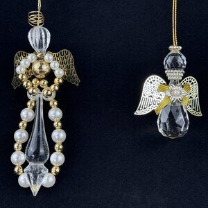 Vintage Faux Crystal Pearl Angel Ornaments Gold Wings Christmas Set Of 2